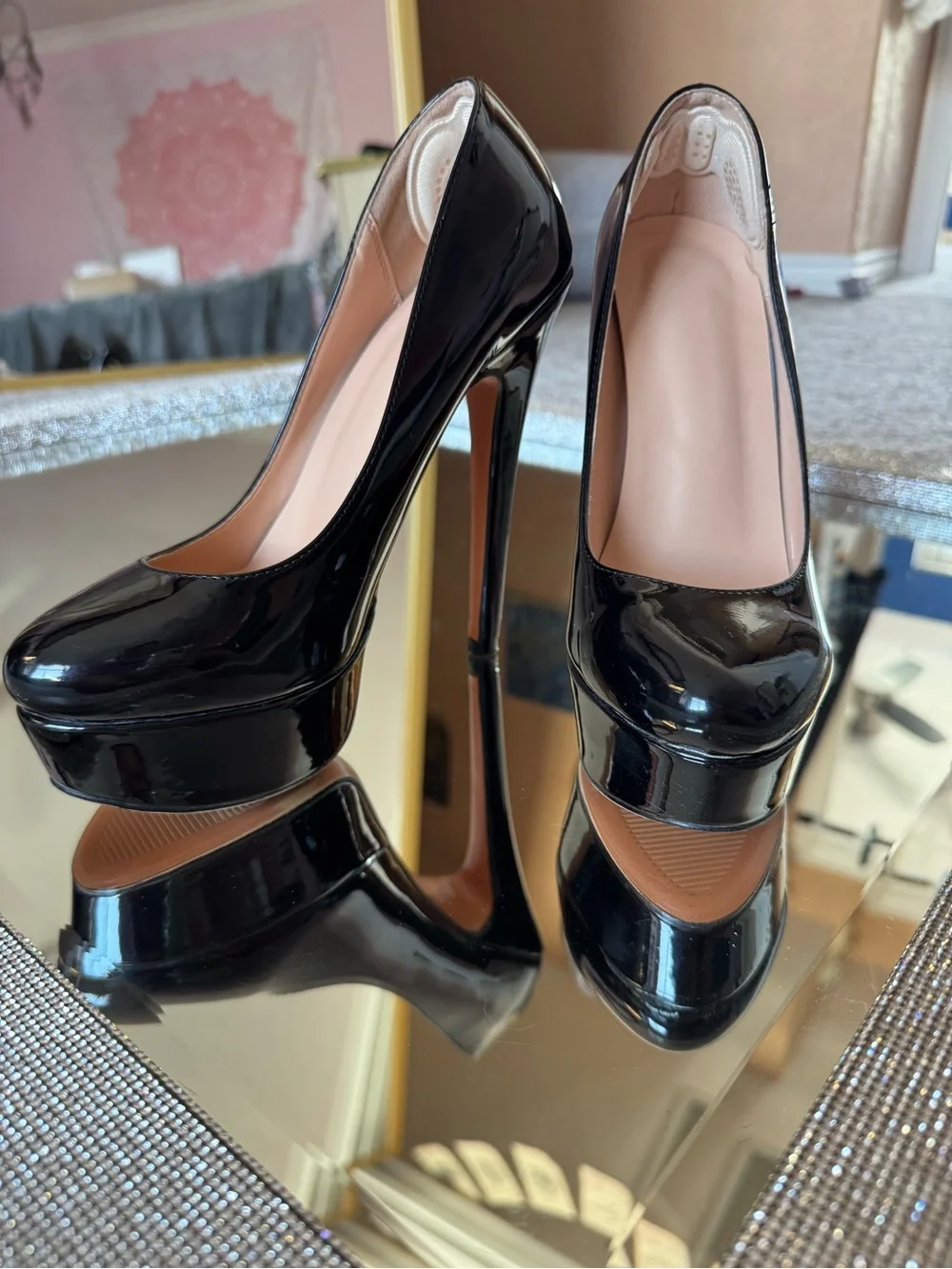 Black Patent Platform Stiletto Pumps - Women's High Heels